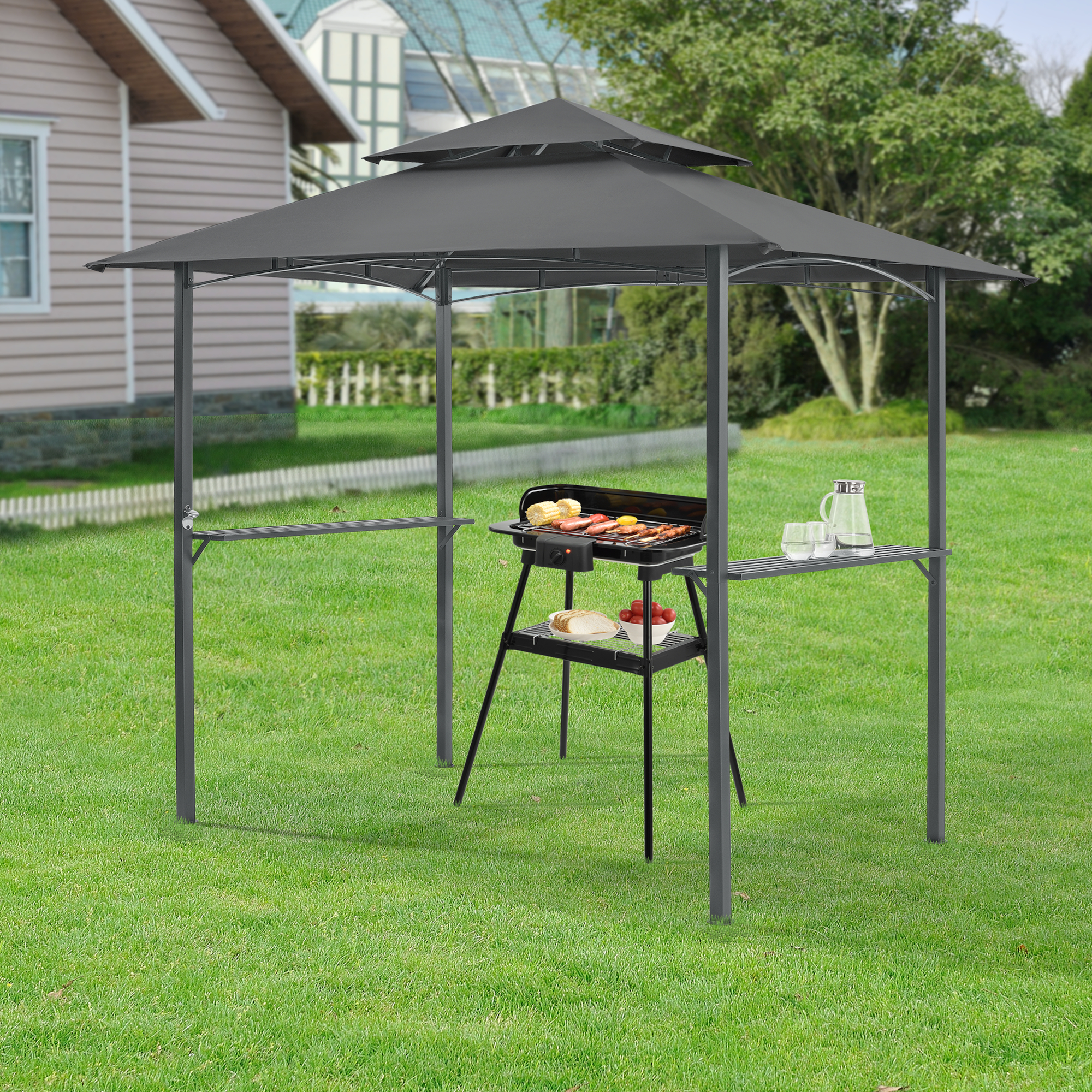 foto del prodotto gazebo per bbq griglia 250x241x151 cm riparo da giardino con tettucio doppio e 2 mensole laterali struttura in