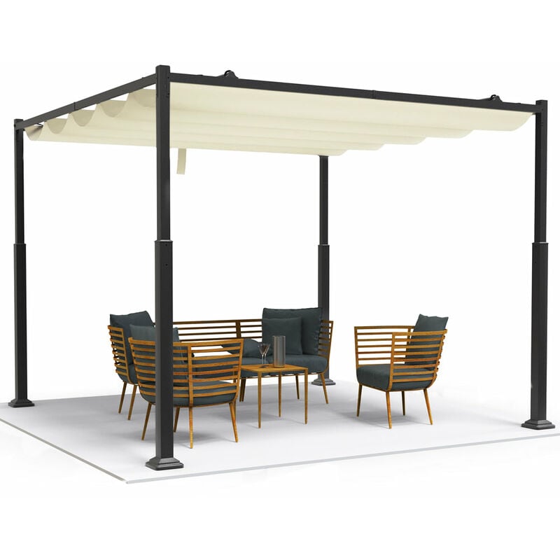 foto del prodotto gazebo pergola 3x3m con tetto a scomparsa, pergolato da giardino tessuto in poliestere, beige vounot