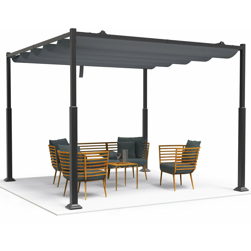 foto del prodotto gazebo pergola 3x3m con tetto a scomparsa, pergolato da giardino tessuto in poliestere, grigio vounot