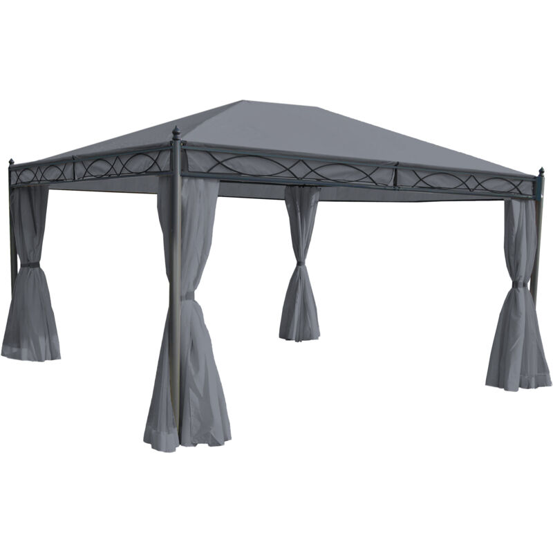 foto del prodotto gazebo pergola baldacchino moderno elegante cadice acciaio poliestere 4x3m grigio con zanzariere e tende