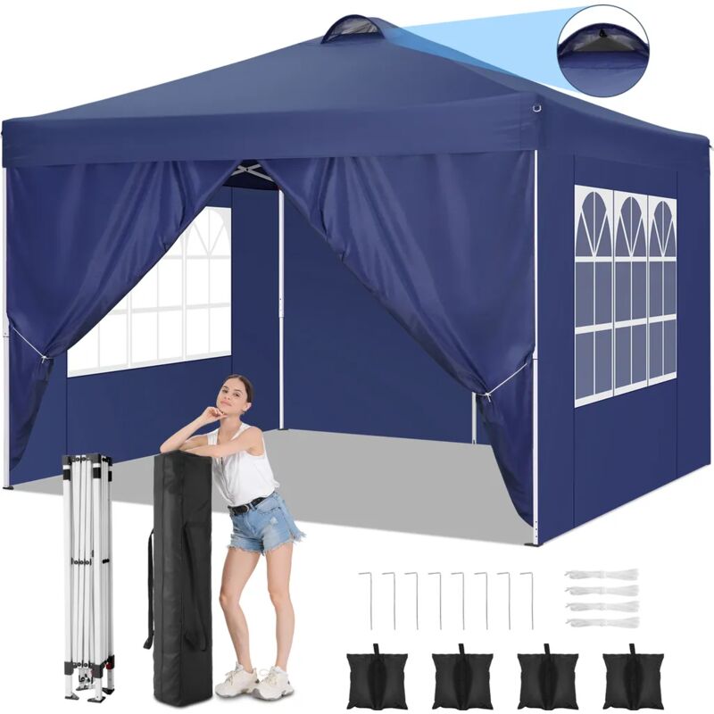 foto del prodotto gazebo pieghevole da giardino 3x3m . gazebo impermeabile pop up con 4 pannelli laterali. tendone da esterno. apertura di ventilazione superiore.
