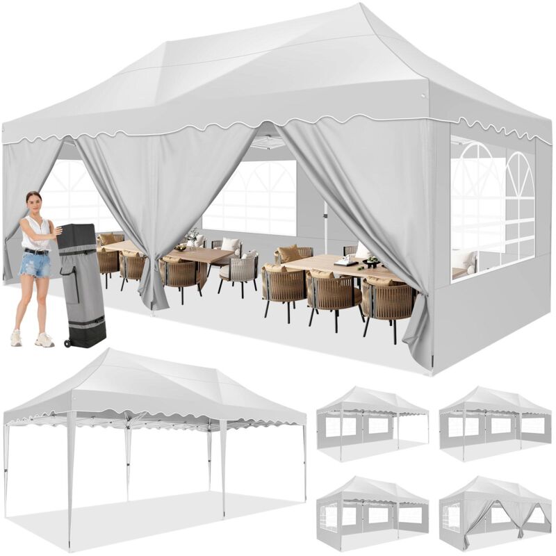 foto del prodotto gazebo pieghevole da giardino da 3x6m . gazebo impermeabile pop up con 6 pannelli laterali. tendone da esterno. altezza regolabile. protezione uv