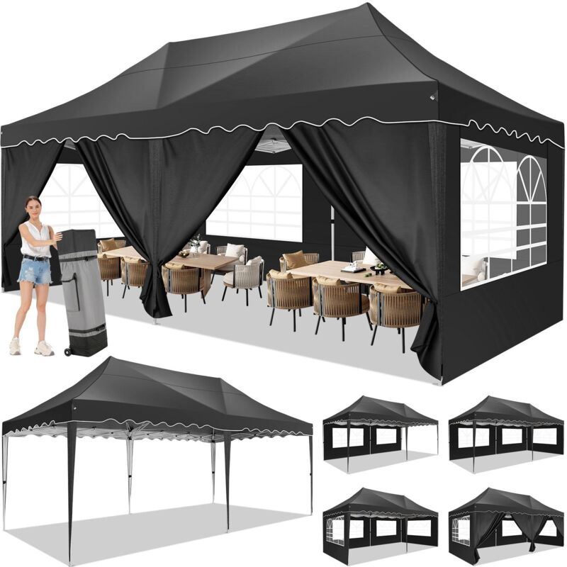 foto del prodotto gazebo pieghevole da giardino da 3x6m . gazebo impermeabile pop up con 6 pannelli laterali. tendone da esterno. altezza regolabile. protezione uv