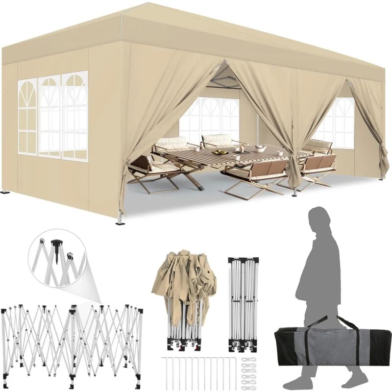 foto del prodotto gazebo pieghevole da giardino. gazebo impermeabile pop up da 3x6m con pannelli laterali. tendone da esterno. altezza regolabile. protezione uv 50 .