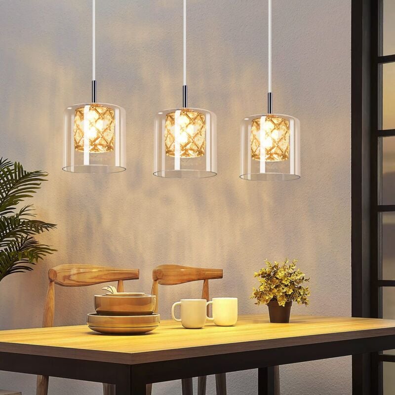 foto del prodotto gbly lampada a sospensione da soffitto, lampada da tavolo da pranzo vetro lungo 3 fiamme, sospensione da soffitto g9, vintage, 120cm, altezza