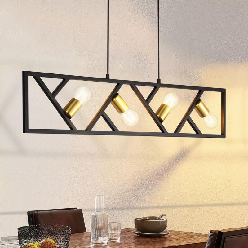 foto del prodotto gbly lampada a sospensione da tavolo 4 fiamme lampada a sospensione in metallo nero vintage e27 lampada da sala da pranzo retr lampada a