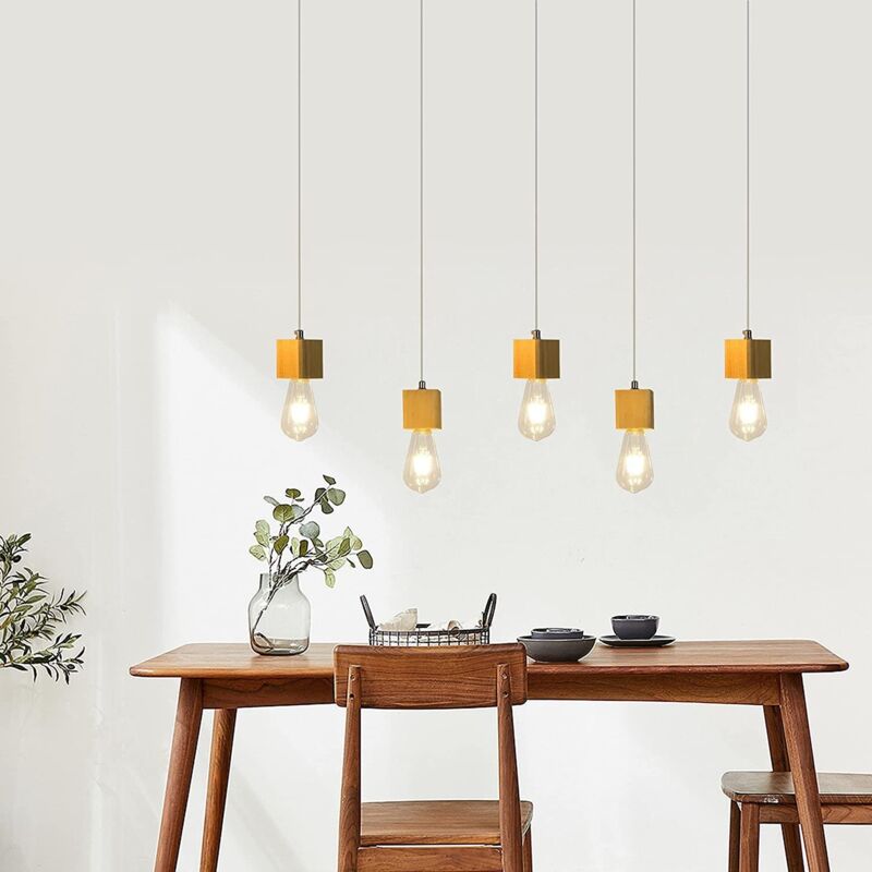 foto del prodotto gbly lampada a sospensione in legno a 5 luci, lampada da tavolo per sala da pranzo, altezza 150 cm, lampada a sospensione regolabile, lanterna in