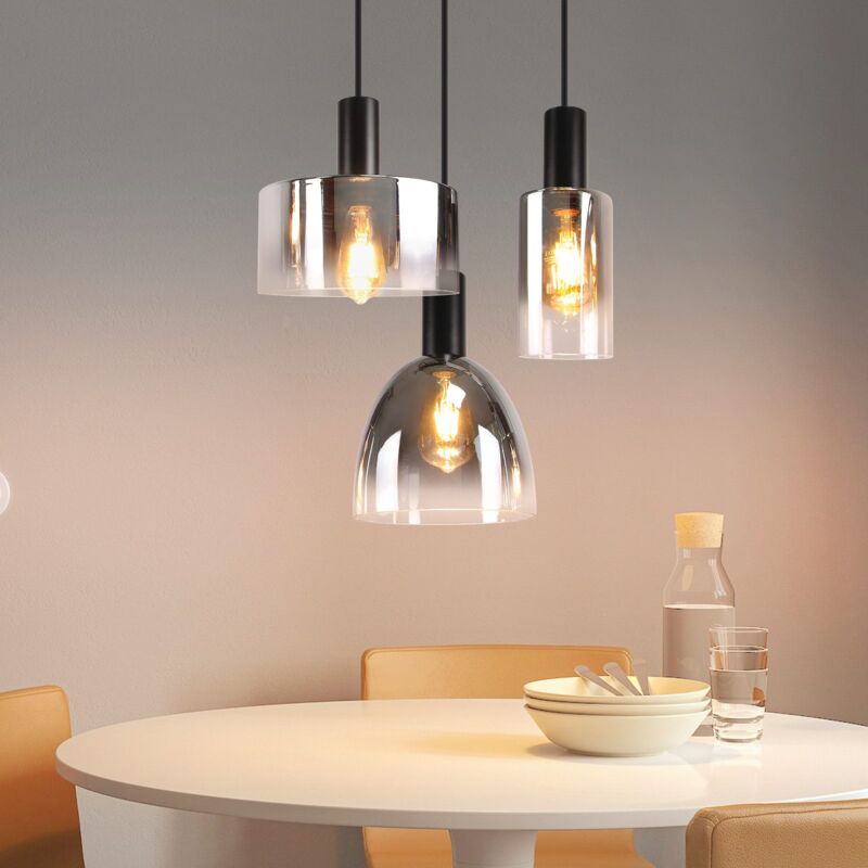 foto del prodotto gbly lampada a sospensione per soggiorno, 3 luci, e27, lampada da pranzo vintage, altezza regolabile, vetro grigio fumo per camera da letto e