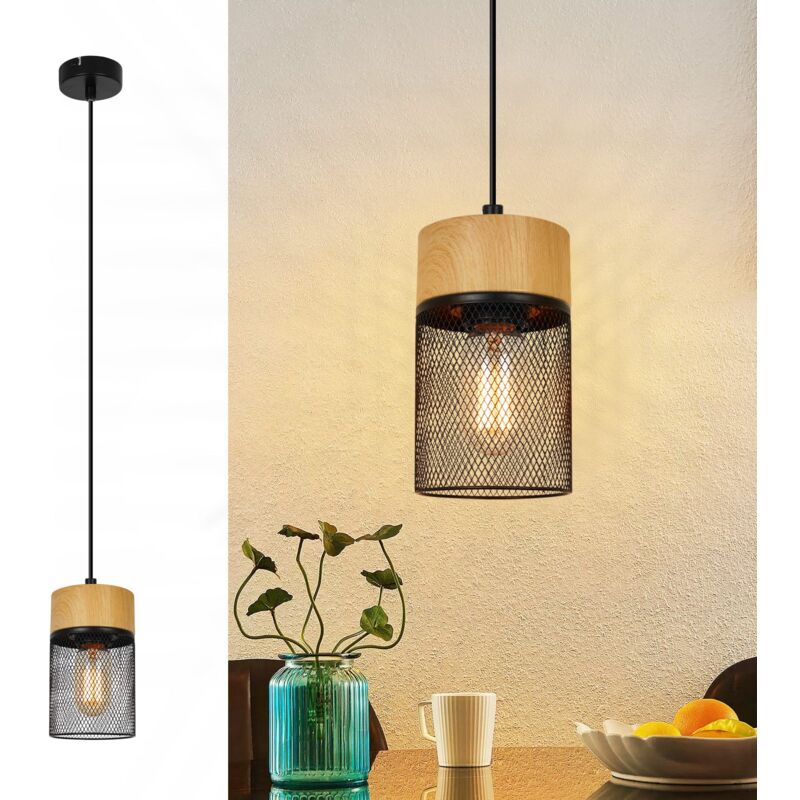 foto del prodotto gbly lampada a sospensione vintage 1 lampada a sospensione a fiamma in griglia nera in grano di legno industriale con supporto per lampada e27