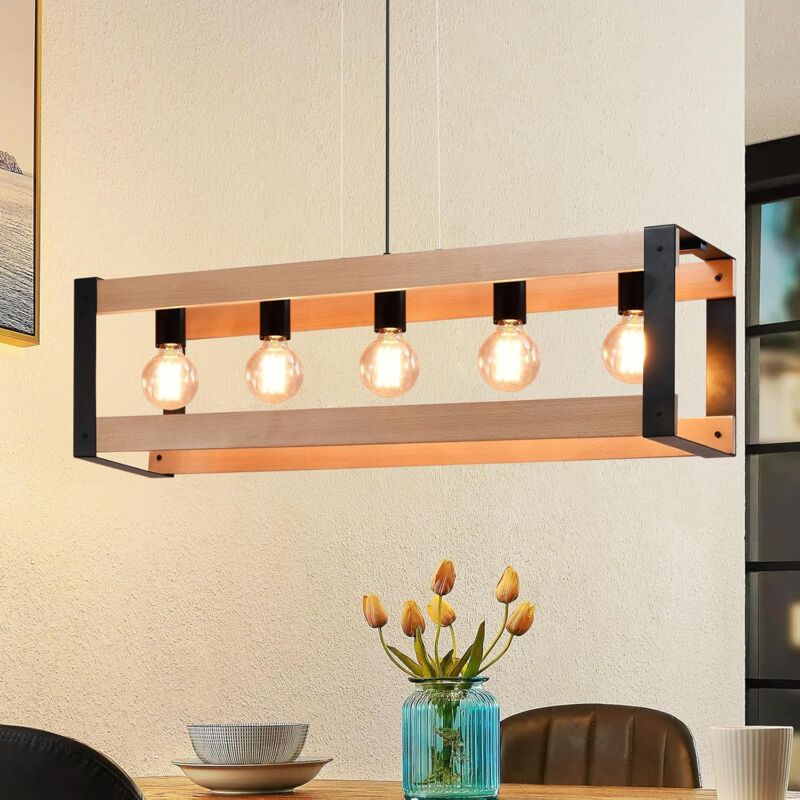 foto del prodotto gbly lampada a sospensione vintage in legno a 5 luci lampada a sospensione in metallo nero per tavolo da pranzo, lampada industriale con attacco