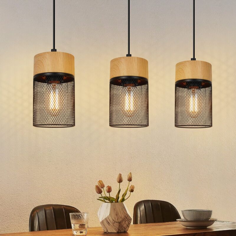 foto del prodotto gbly lampada a sospensione vintage lampada a sospensione a 3 fiamme in grano di legno nero per salotto, sala da pranzo, supporto per lampada