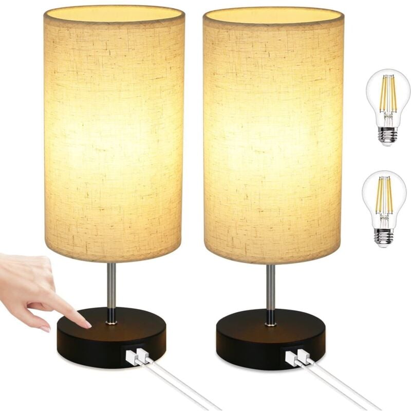 foto del prodotto gbly lampada da comodino confezione da 2 lampade da tavolo touch usb nero vintage variabile e27 con funzione di ricarica abat jour in tessuto per