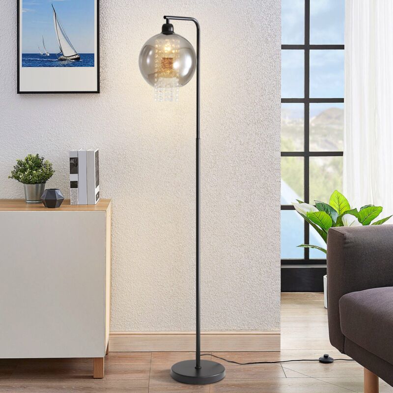 foto del prodotto gbly lampada da comodino e27 lampada da lettura a stelo grigio fumo grande lampada da terra moderna con interruttore a pedale design sfera di