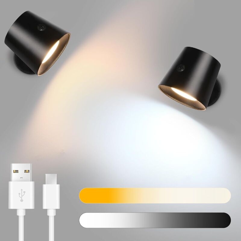 foto del prodotto gbly lampada da parete a led per interni set 2 a batteria senza collegamento elettrico con lampada da lettura dimmerabile touch ruotabile a 360 