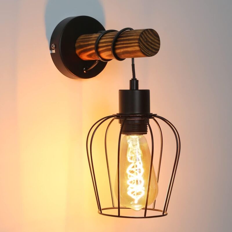 foto del prodotto gbly lampada da parete in legno per interni vintage retr con interruttore design industriale faretto da parete nero e27 con 1 lampadina in