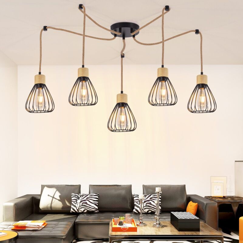 foto del prodotto gbly lampada da soffitto per tavolo, lampada da soffitto vintage lampada da pranzo nera, lampada da soffitto in metallo con 5 bocche retro, corda