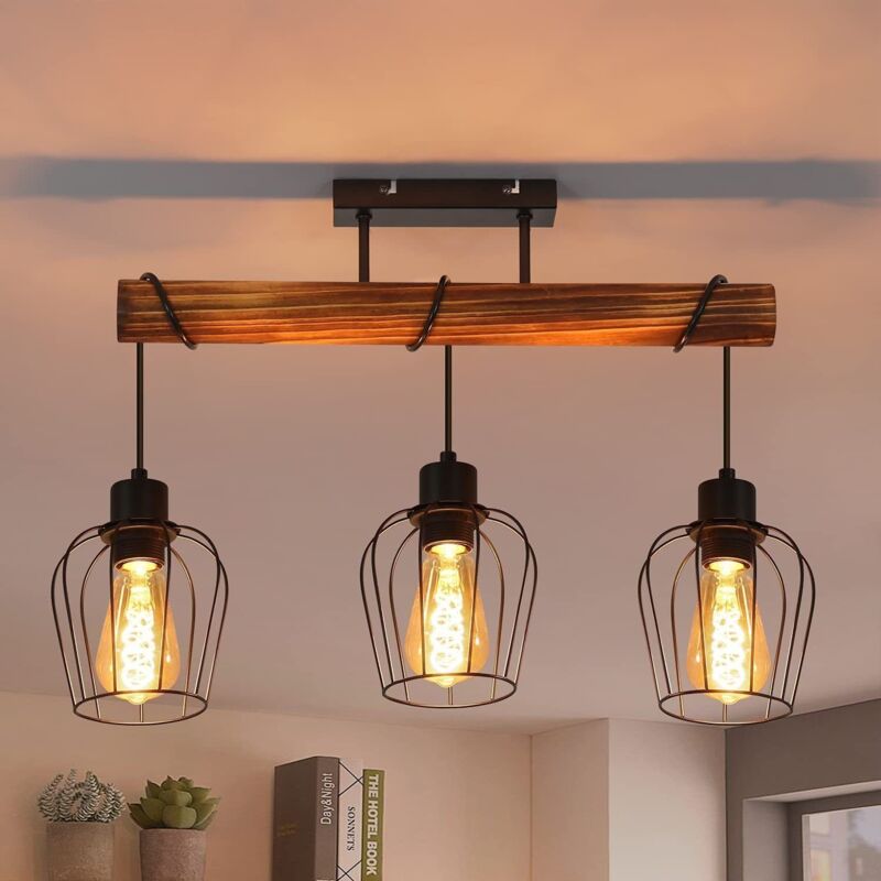 foto del prodotto gbly lampada da soffitto vintage, lampada da soggiorno in legno dal design industriale a 3 luci con faretti regolabili in altezza in metallo e legno