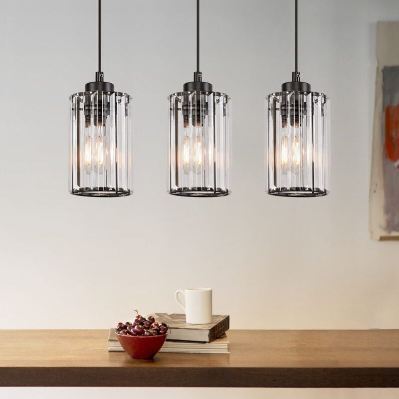 foto del prodotto gbly lampada sospesa lampada da salotto e27, lampada da tavolo da pranzo nera, sospensione a tre fiamme in vetro, sospensione in cristallo per sala