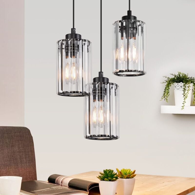 foto del prodotto gbly lampada sospesa rotonda lampada sospesa per salone e sala da pranzo e27 nera, lampada sospesa per camera da letto con 3 fiamme in vetro,