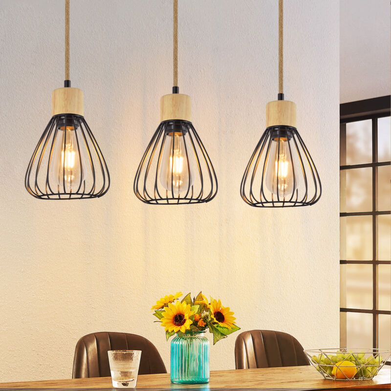 foto del prodotto gbly lampada sospesa vintage per il tavolo da pranzo nera sala da pranzo a 3 fiamme lampada sospesa in metallo retr con corda di canapa e legno