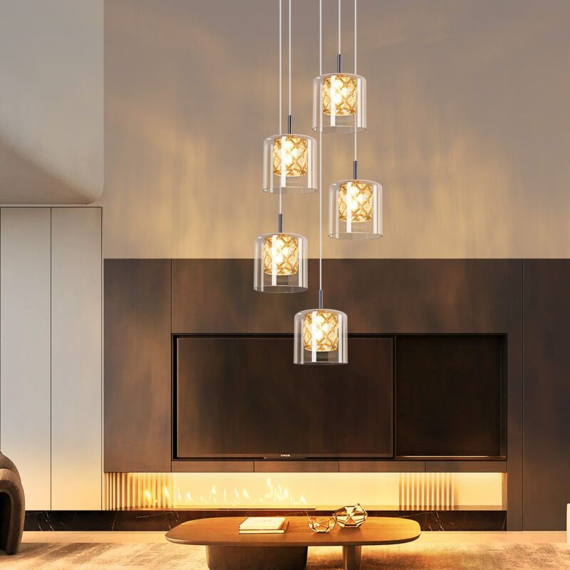 foto del prodotto gbly lampadario moderno 5 teste lampadario in vetro 150 cm altezza regolabile g9 cristallo luce da pranzo lampadina non inclusa 