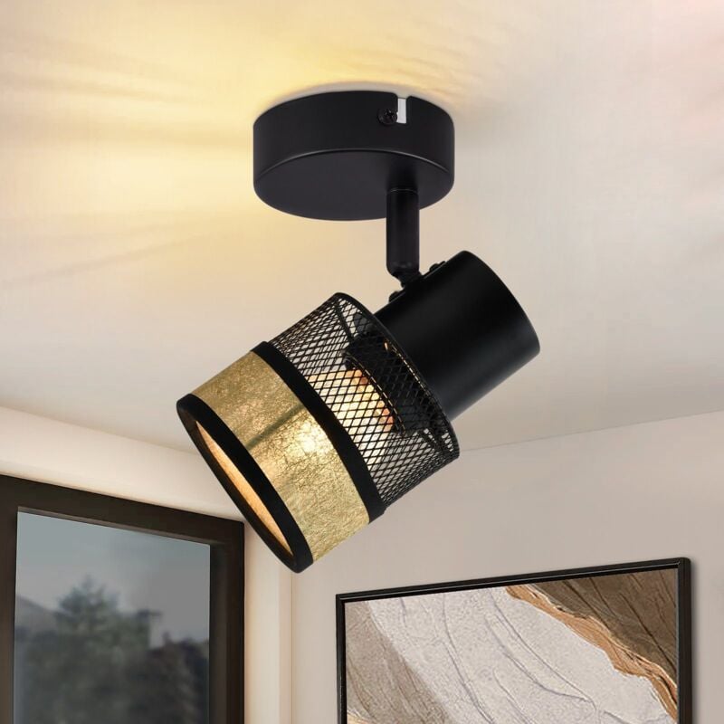foto del prodotto gbly plafoniera 1 fiamma nera lampada da soffitto in metallo vintage con paralume in tessuto dorato faretto da soffitto e27 led max.40w 330 