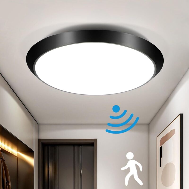 foto del prodotto gbly plafoniera led con sensore di movimento nera ip44 30cm plafoniera rotonda 15w bianco neutro per bagno balcone soggiorno corridoio