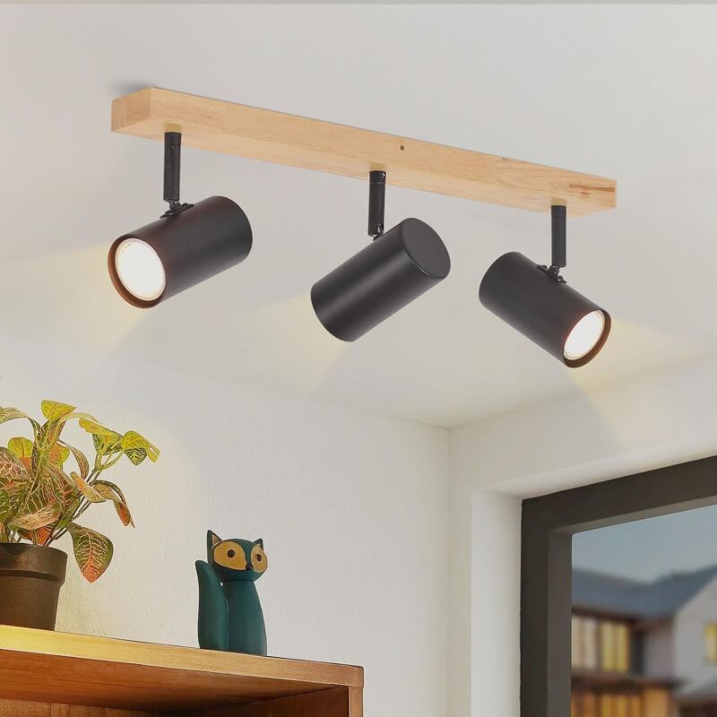 foto del prodotto gbly plafoniera nera con 3 faretti moderni e retr in legno e metallo con prese gu10, orientabili a 350 per illuminare diverse aree del soggiorno