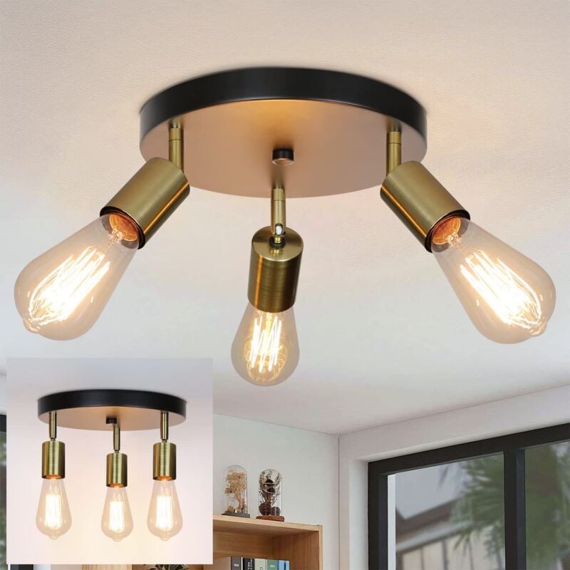 foto del prodotto gbly plafoniera plafoniera vintage 3 lampadine rotonda lampada da camera moderna oro nero e27 lampadario industriale girevole per camera da letto