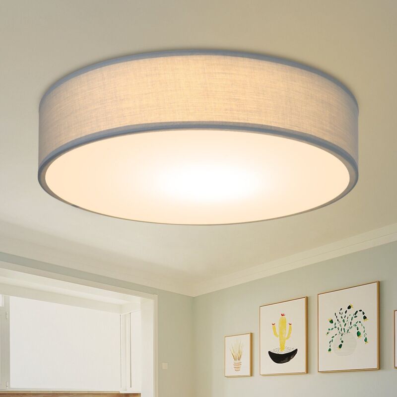 foto del prodotto gbly plafoniera tessile grigia, plafoniera moderna dal design rustico e sobrio, illuminazione per ufficio, rotonda 30cm, 2 prese e27, fornita