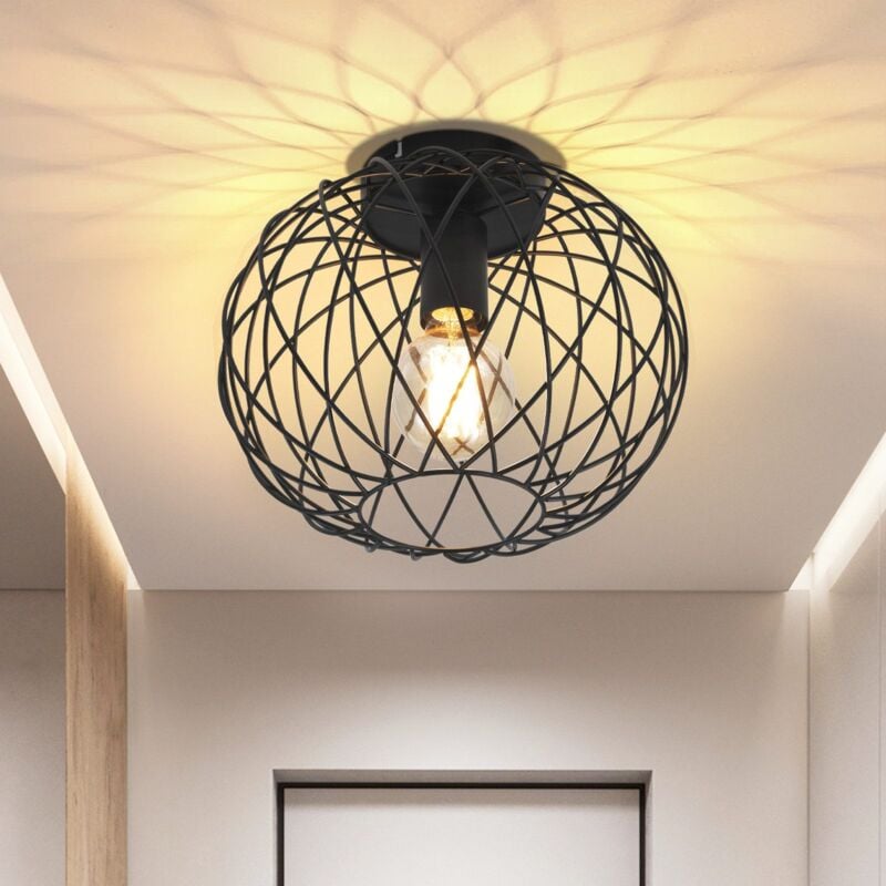 foto del prodotto gbly plafoniera vintage nera lampada da ingresso e27 1 lampadina industriale rotonda retro paralume in metallo gabbia griglia sala da pranzo