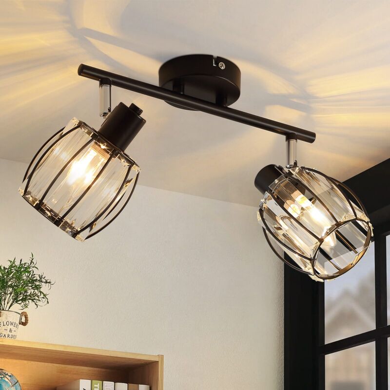 foto del prodotto gbly plafonnier vintage spot da soffitto 2 fiamme lampada da soffitto paralume in cristallo retro spot industriale e14 nero 350 pivotante lampada