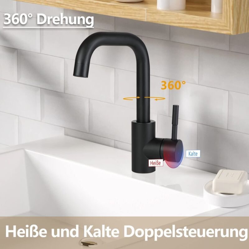 foto del prodotto gbly rubinetto per lavabo da bagno, nero opaco rubinetto girevole a 360 , miscelatore per acqua calda e fredda ad alta pressione, rubinetto per