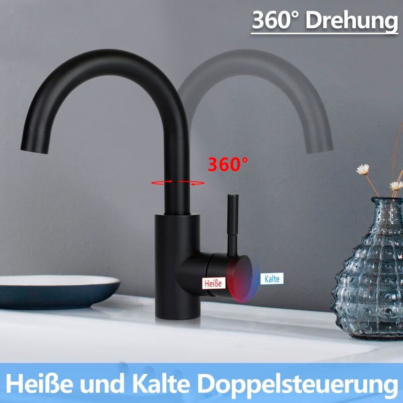 foto del prodotto gbly rubinetto per lavabo da bagno rubinetto nero per acqua calda e fredda, girevole a 360 , miscelatore ad alta pressione in acciaio inox, per
