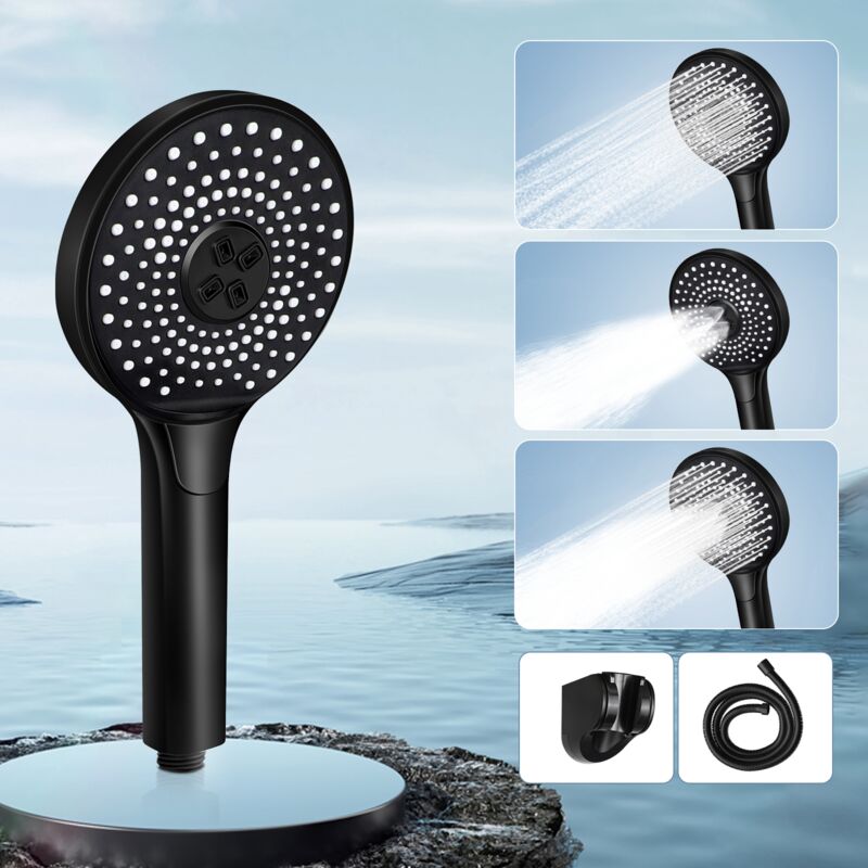 foto del prodotto gbly soffione doccia rotondo nero grande pressione crescente, con manopola per regolare il flusso d acqua, doccia ad alta efficienza energetica con