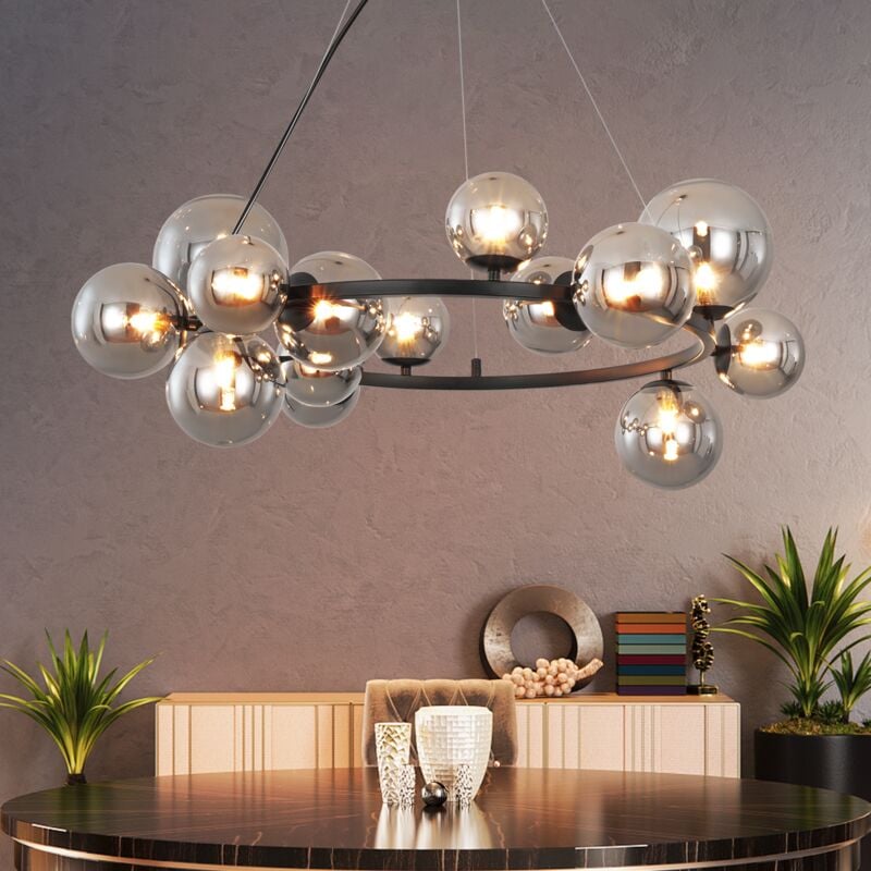 foto del prodotto gbly sospensione lampada sospesa per salone lampada sospesa con 14 lampadine g9grande sala da pranzo lustro grigio fum sfera di vetro per tavolo