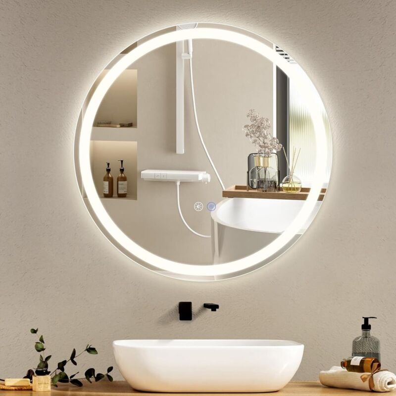 foto del prodotto gbly specchio da bagno con illuminazione specchio da bagno rotondo a led da 50 cm montato a parete con interruttore touch e specchio illuminato