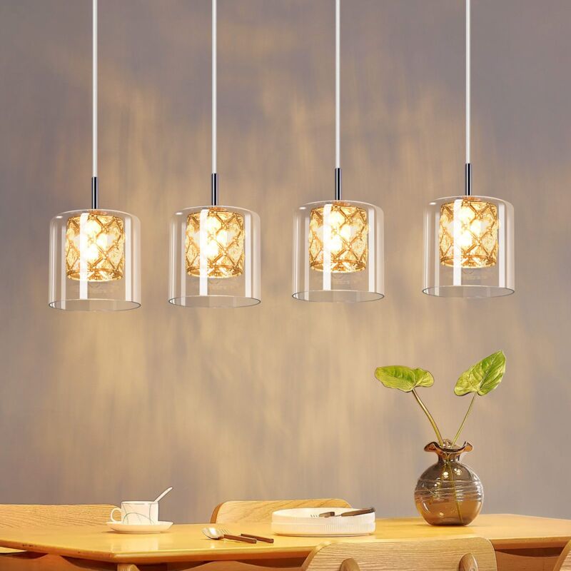 foto del prodotto gbly suspension in vetro 4 fiamme, sospensione moderna, g9, lampada da sala da pranzo lunga 120cm, altezza regolabile, design in cristallo,