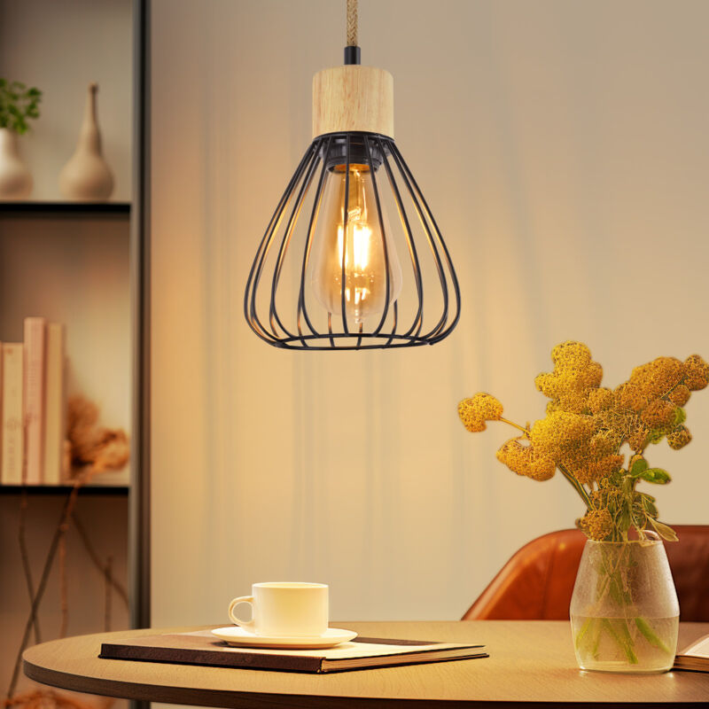 foto del prodotto gbly suspension lampada a sospensione vintage lampada da sala da pranzo nera, sospensione in metallo, 1 fiamma retr , corda di canapa in legno