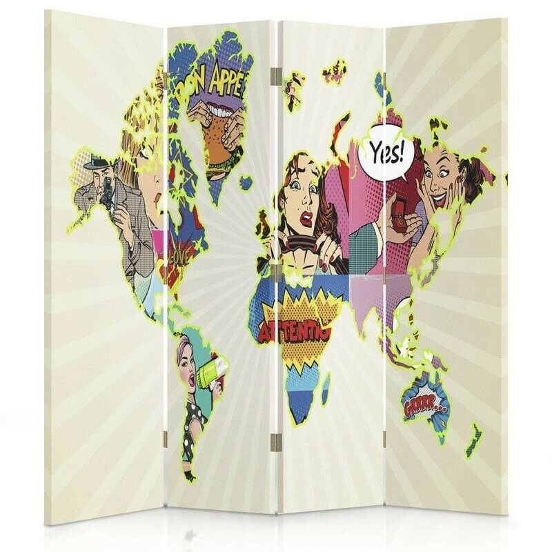 foto del prodotto gbshop paravento bilaterale, mappa del mondo pop art 145x170
