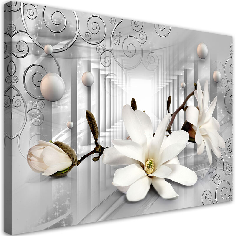 foto del prodotto gbshop quadro su tela, fiori nel tunnel e palline 3d d argento 120x80