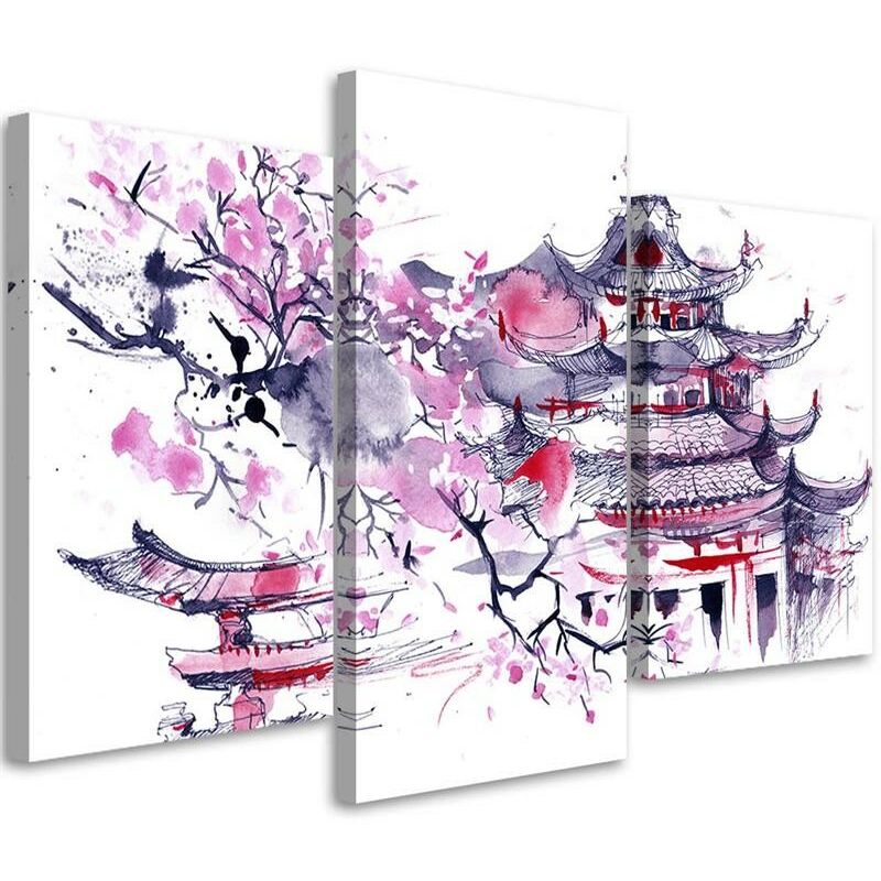 foto del prodotto gbshop stampa su tela 3 parti, pagoda giapponese dipinta e fiori di ciliegio 120x80