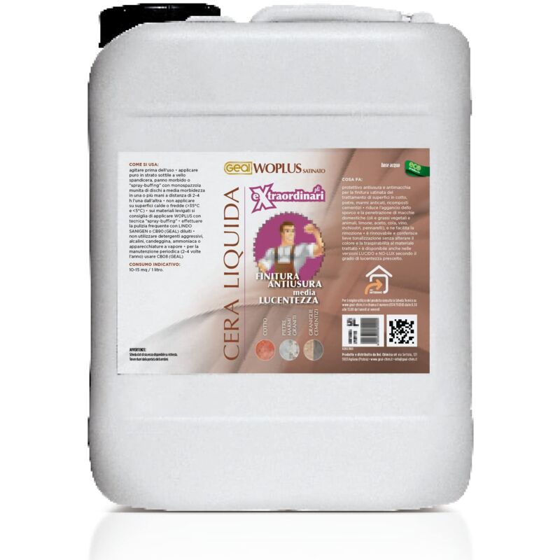 foto del prodotto geal woplus satinato. cera liquida antiusura, protettiva e antimacchia. finitura satinata. 5 litri