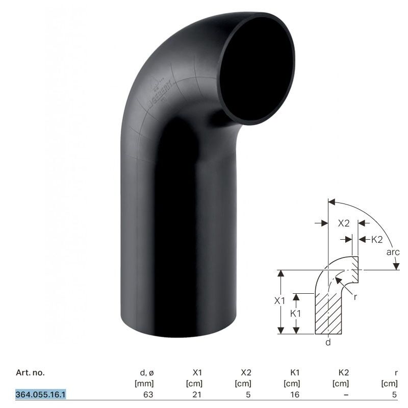 foto del prodotto geberit curva 90 pe a gambo lungo 63 mm 364.055.16.1