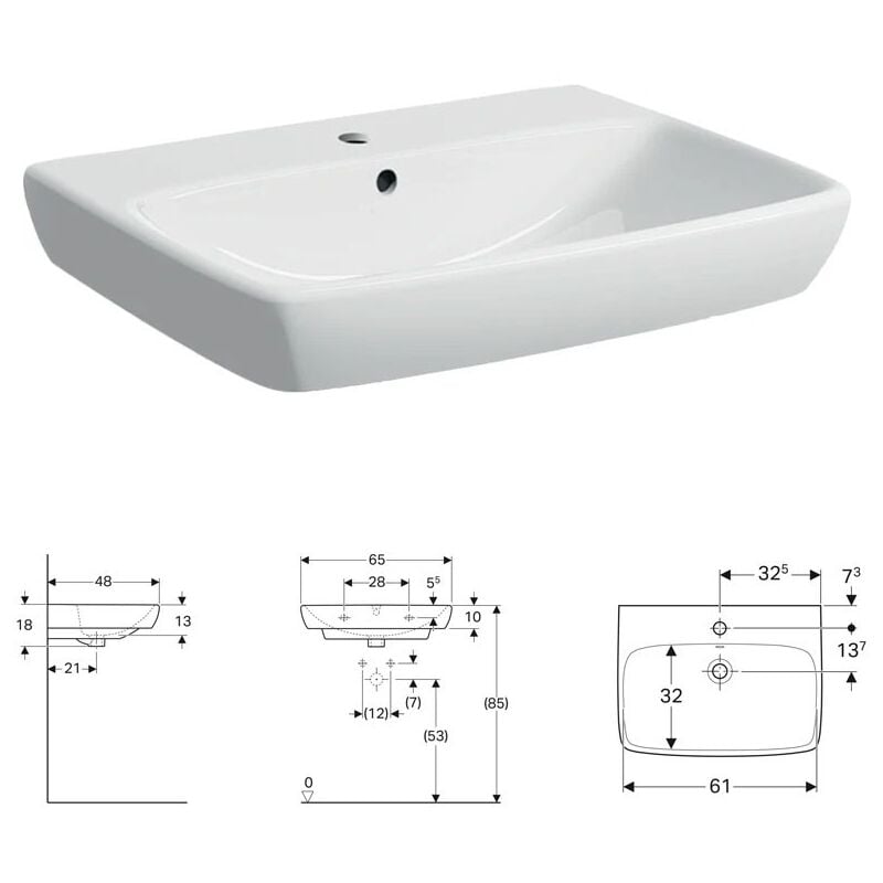 foto del prodotto geberit selnova square lavabo l.65 cm, con foro rubinetteria e troppopieno, colore bianco finitura lucido 500.299.01.1