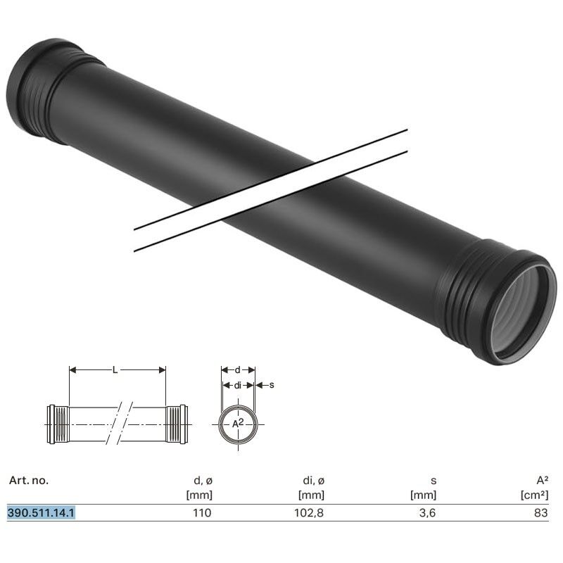 foto del prodotto geberit silent pp tubo gtdm con 2 bicchieri 110 x l.1000 mm 390.511.14.1