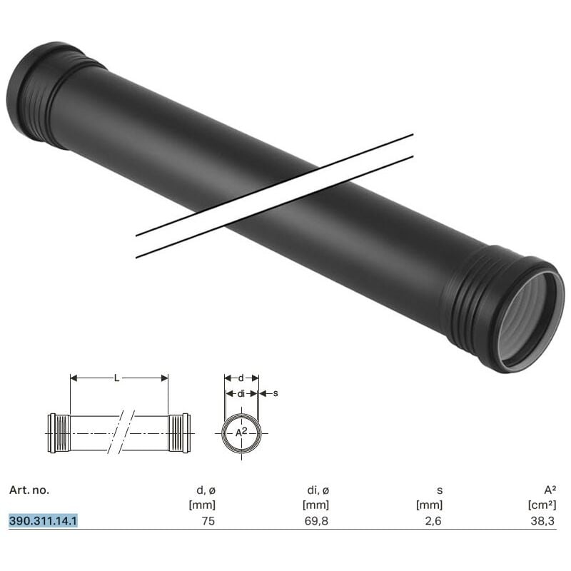foto del prodotto geberit silent pp tubo gtdm con 2 bicchieri 75 x l.1000 mm 390.311.14.1