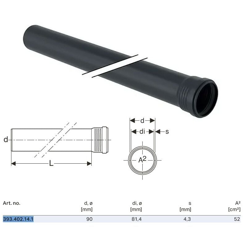 foto del prodotto geberit tubo silent pro con 1 bicchiere 90 l.500 mm 393.402.14.1