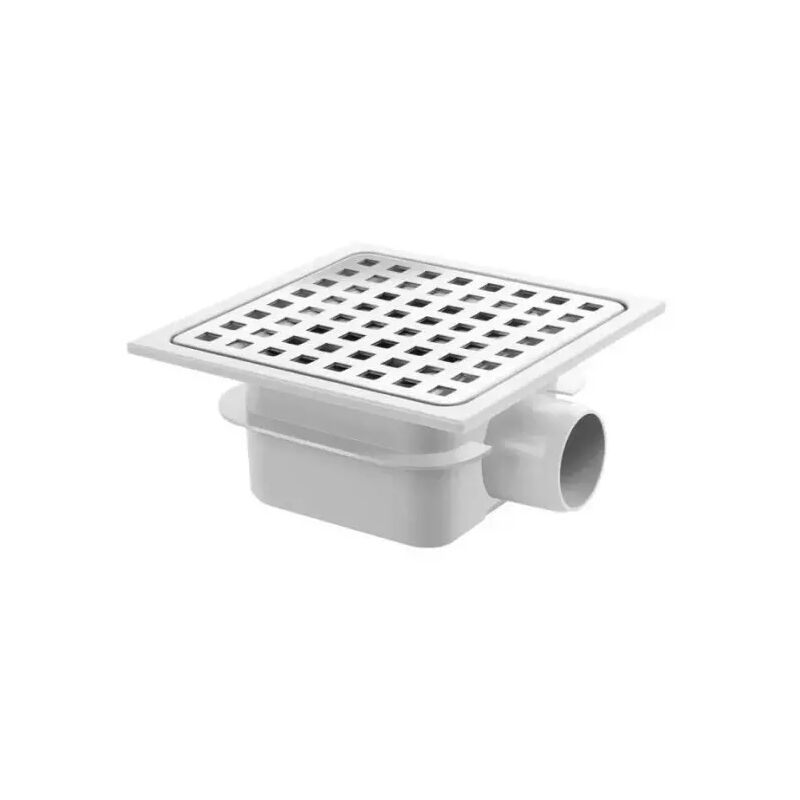 foto del prodotto gebo piletta scarico in abs con griglia in acciaio inox 304 a corpo alto 150x150 mm usc. orizzontale 40