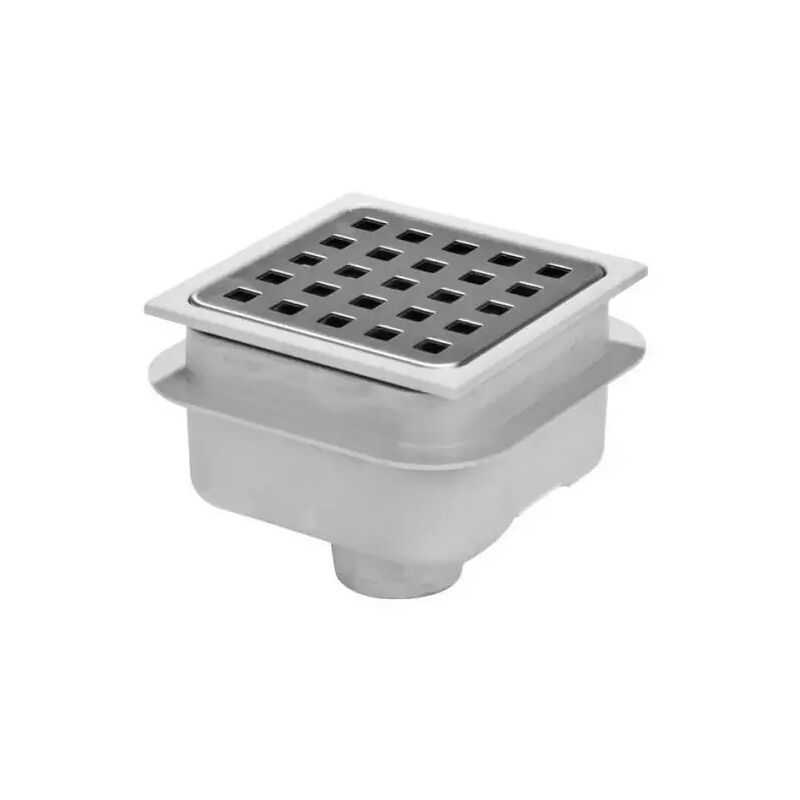 foto del prodotto gebo piletta scarico in abs con griglia in acciaio inox 304 a corpo basso 105x105 mm usc.verticale 40